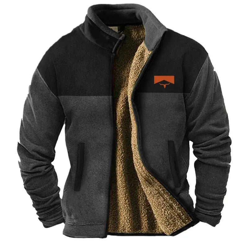 Men's green padded polyester coat with a fleece lining, shown on a hanger.