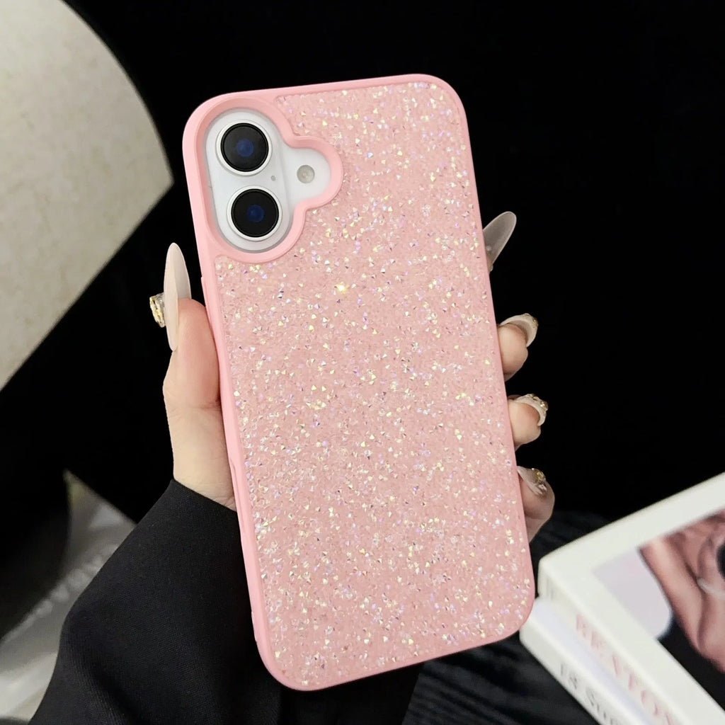 Luxury full diamond handmade phone case for iPhone 17 series in black, pink, light purple, gold, gray or white.