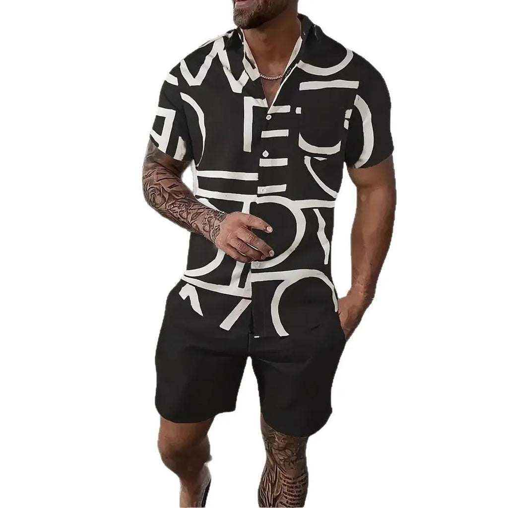 Man wearing a blue 3D printed Hawaii pattern short sleeve shirt and matching shorts leisure set