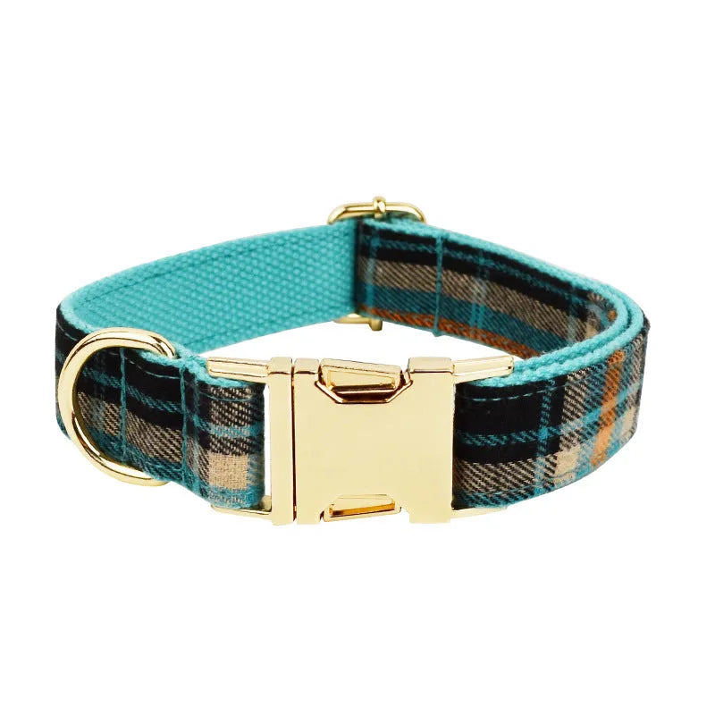 Retro green cloth dog collar leash set with matching vest and bow tie on white background