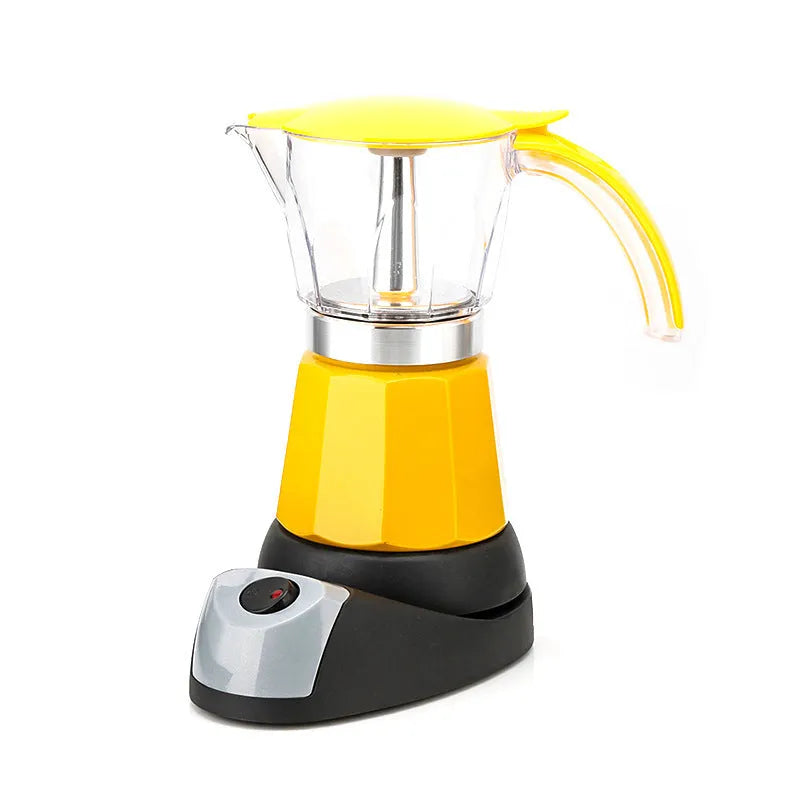 Octagonal electric Moka Pot coffee maker in aluminium construction with colour options including blue, green, red, silver and yellow