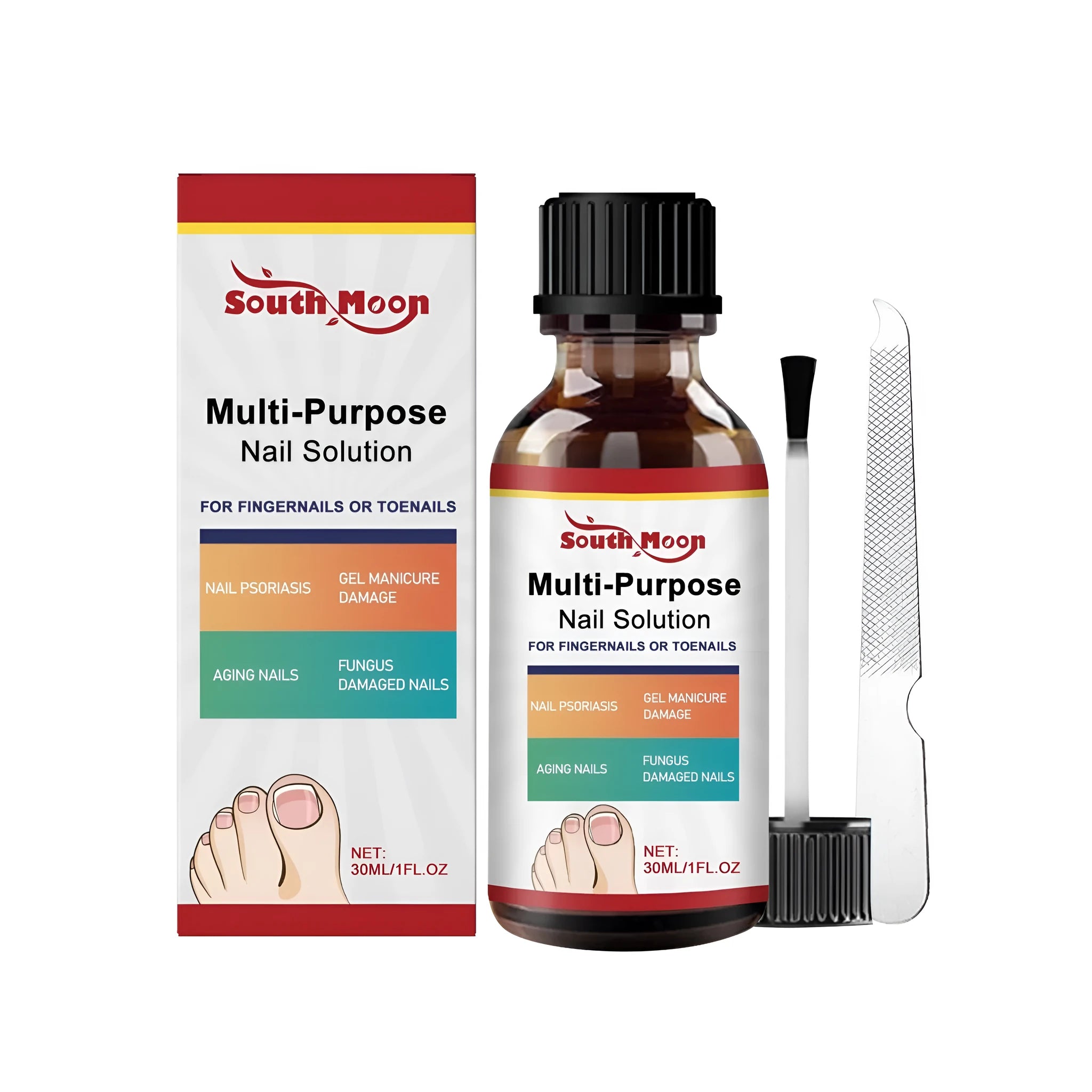 30ml bottle of herbal nail care solution and a nail file on a white background