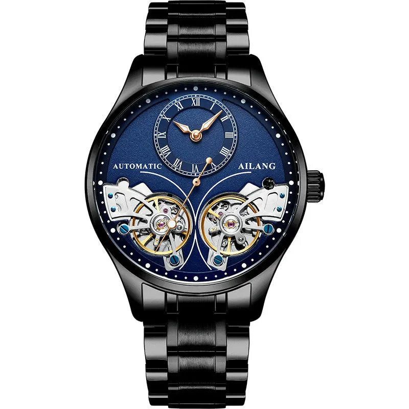 Men's automatic watch with tourbillon and moon phase on a metal case with a black dial.