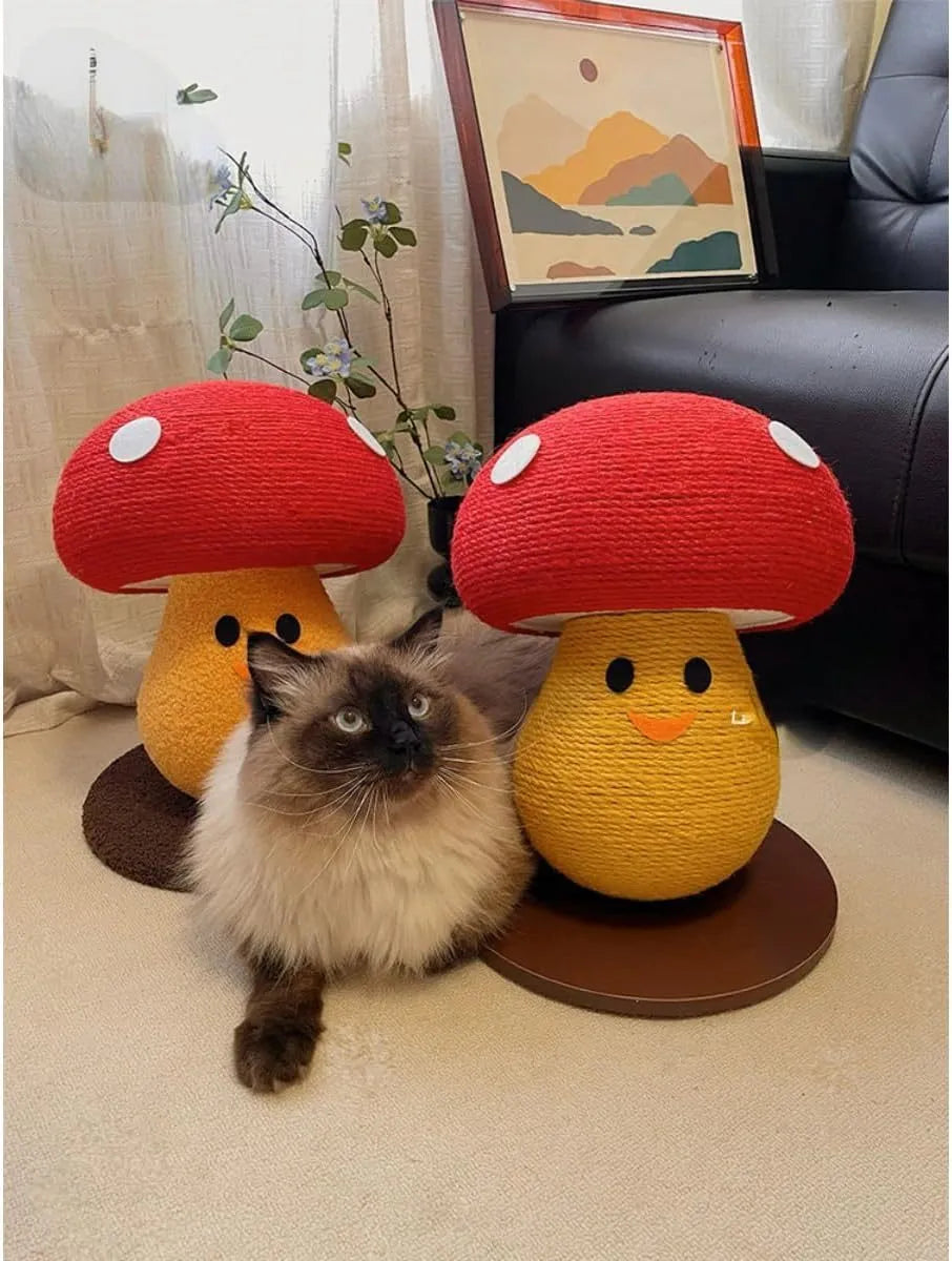 Round mushroom-shaped cardboard cat scratcher with accordion folds, shown as a flat board and formed into a lounge.