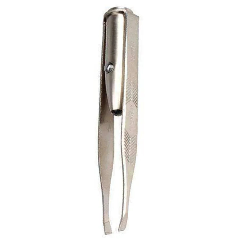 Close-up of stainless steel LED beauty tweezers with illuminated tip on a dark background