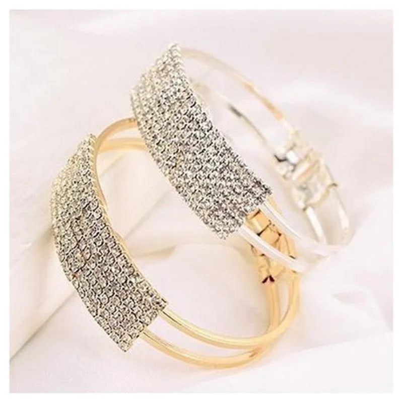 Multi-row rhinestone bracelet on alloy frame, gold colour, Korean style, clean rhinestone inlays