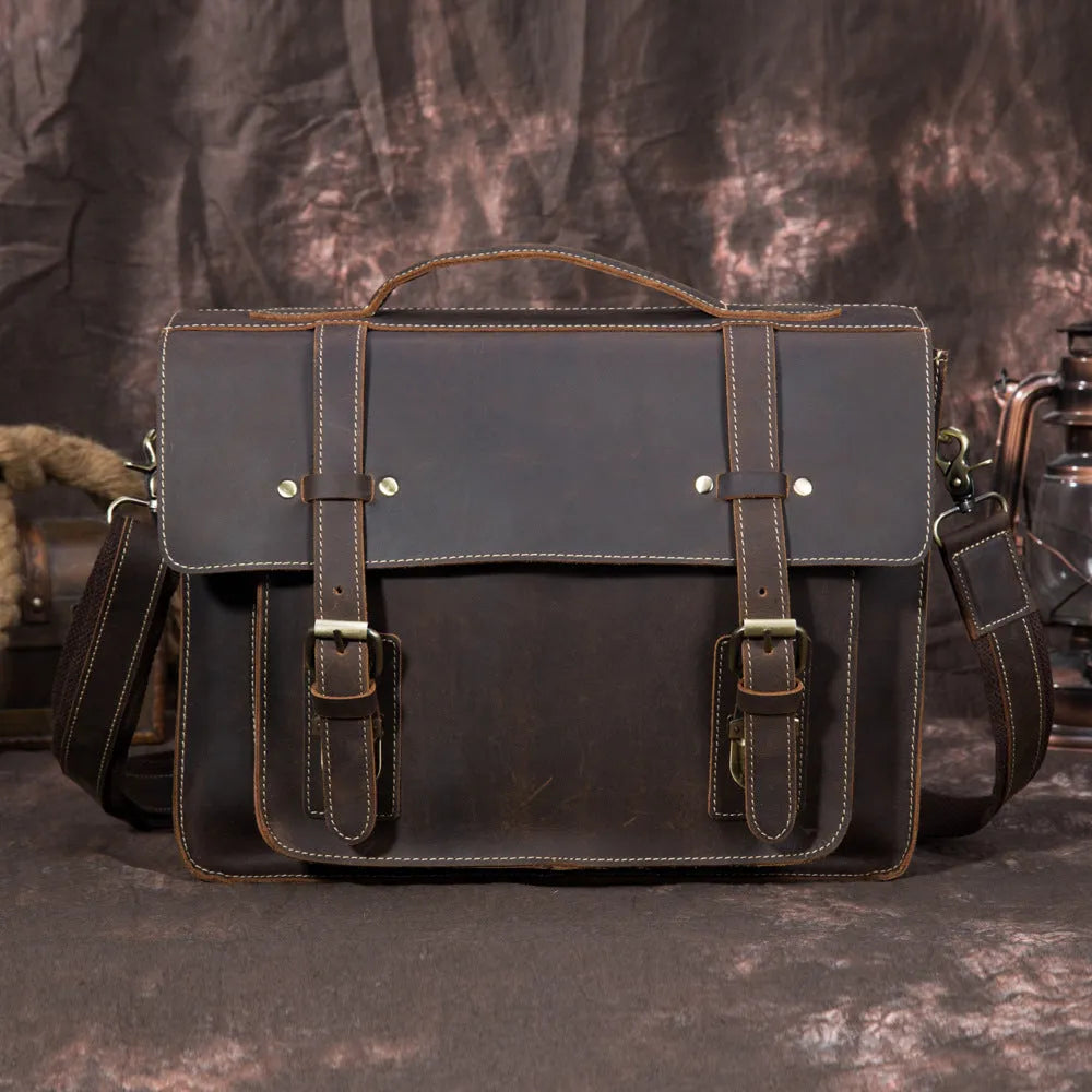 Men's dark brown first layer crazy horse leather handbag with shoulder strap and top handle, 36cm x 9cm x 27cm