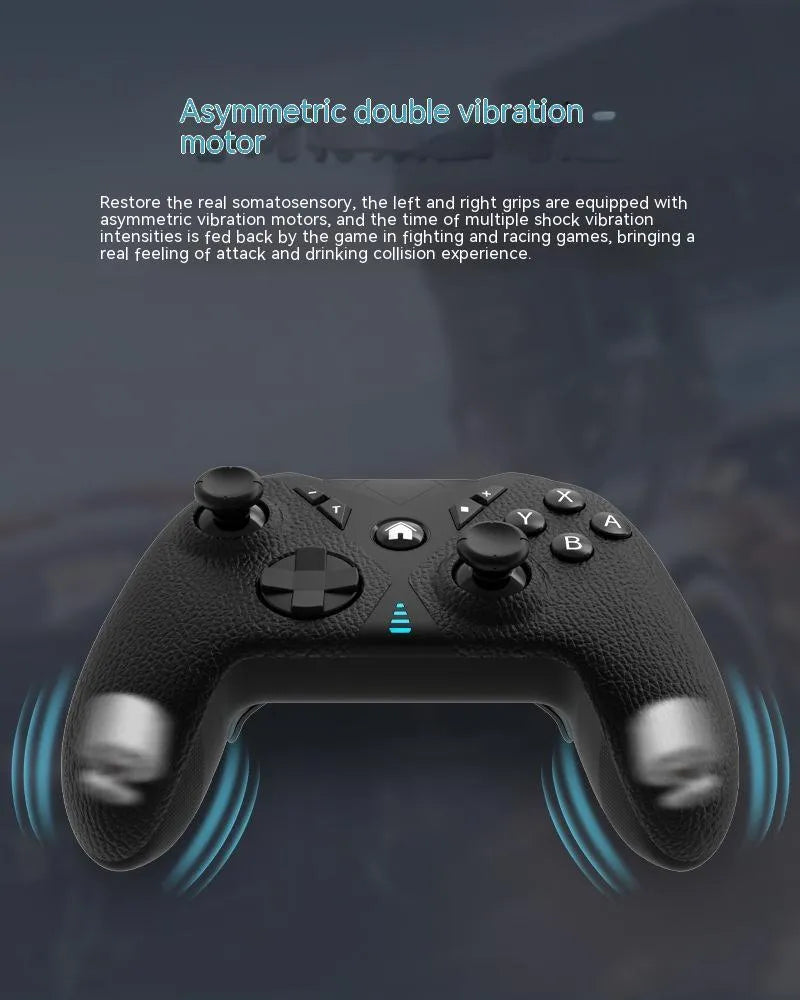 Black wireless game controller with leather pattern texture for Nintendo, PC, and smartphone.