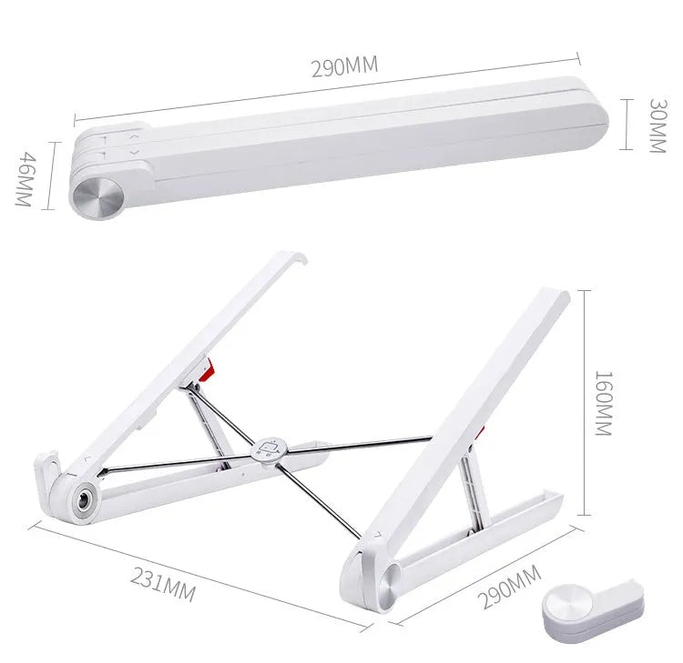 White foldable laptop bracket with heat sink base on a desk.