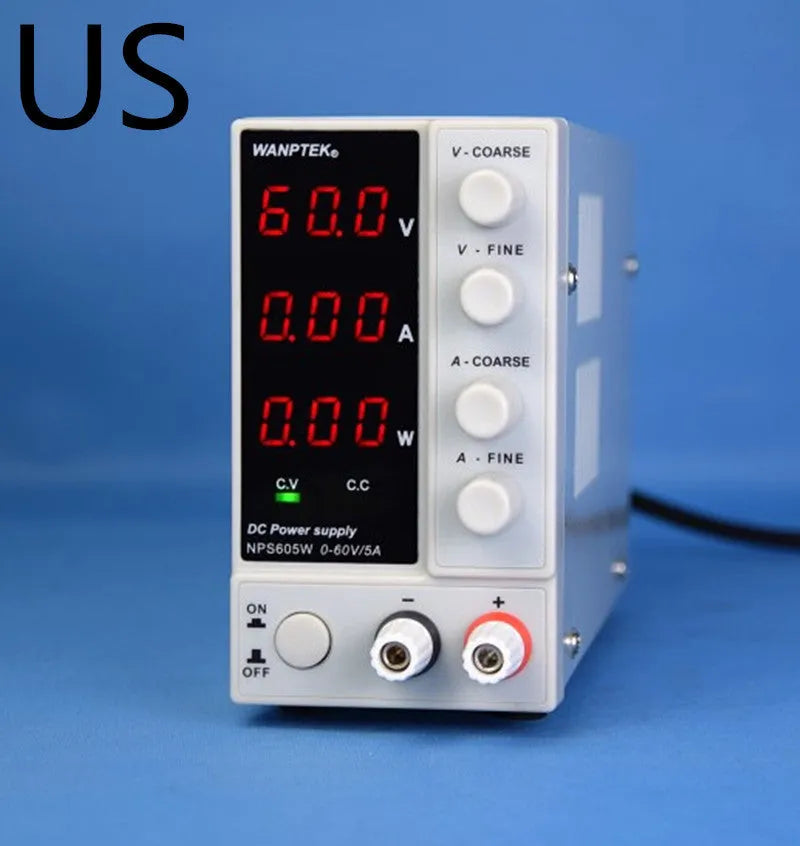 White adjustable DC bench power supply unit with displays and controls for voltage and current.