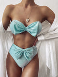 Bright silk split bikini in solid colour with chest pad, available in Green, Pink, Red, sizes S, M, L