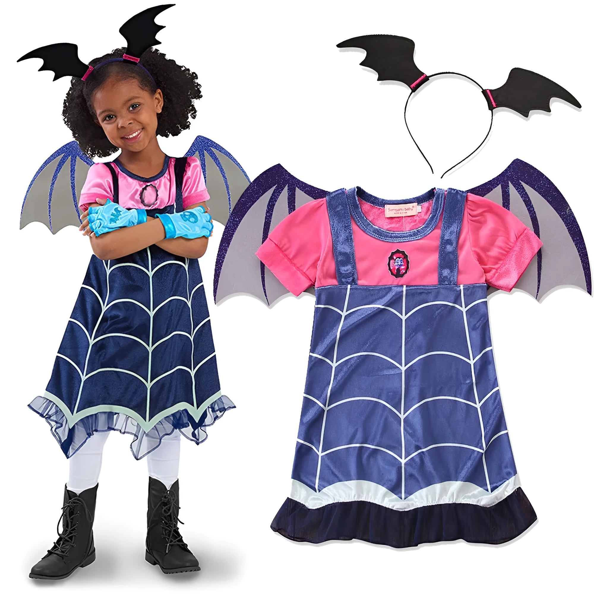 Blue cotton princess Halloween dress for toddlers with short sleeves