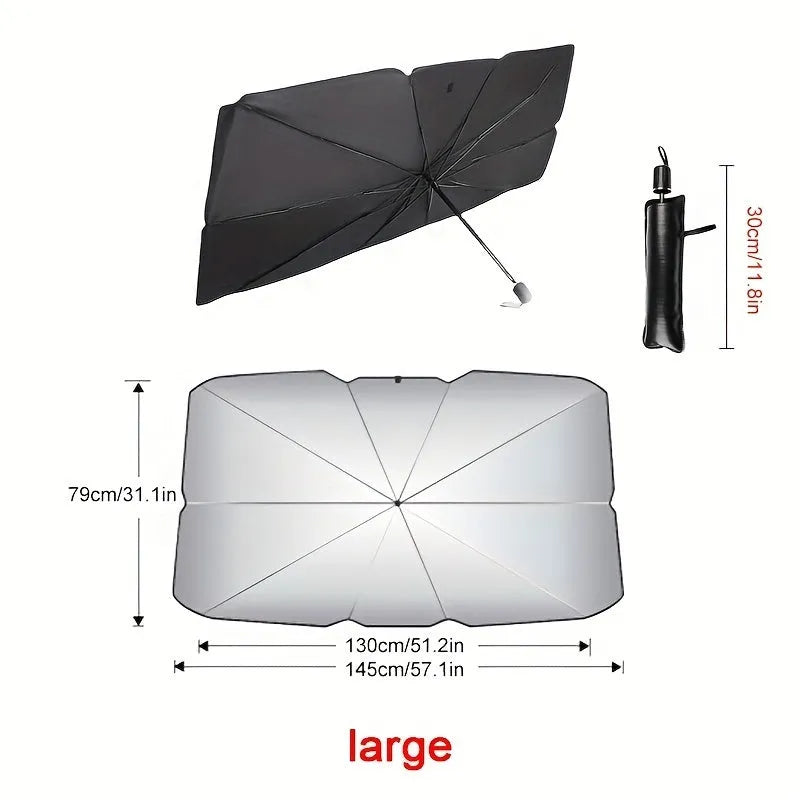 Foldable car windshield sunshade umbrella shown in open position against car windscreen