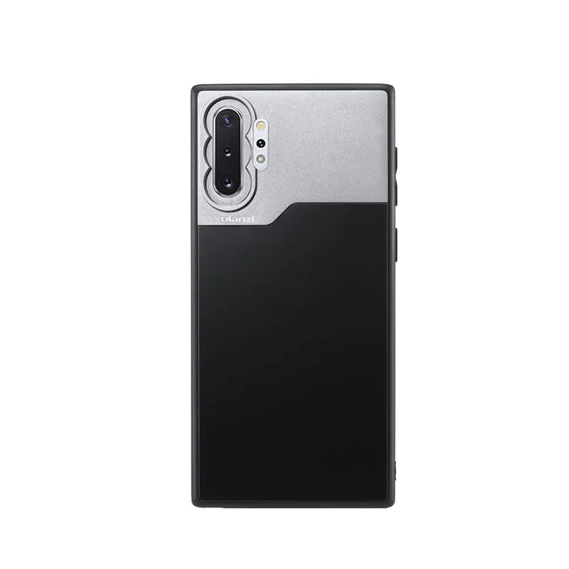 Black mobile phone back cover case with PC aluminium TPU construction and integrated lens shell element for Samsung NOTE10 and iPhone 8 Plus