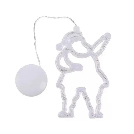 Battery-powered LED Christmas chandelier with suction cups, showing Santa Claus and snowman shapes