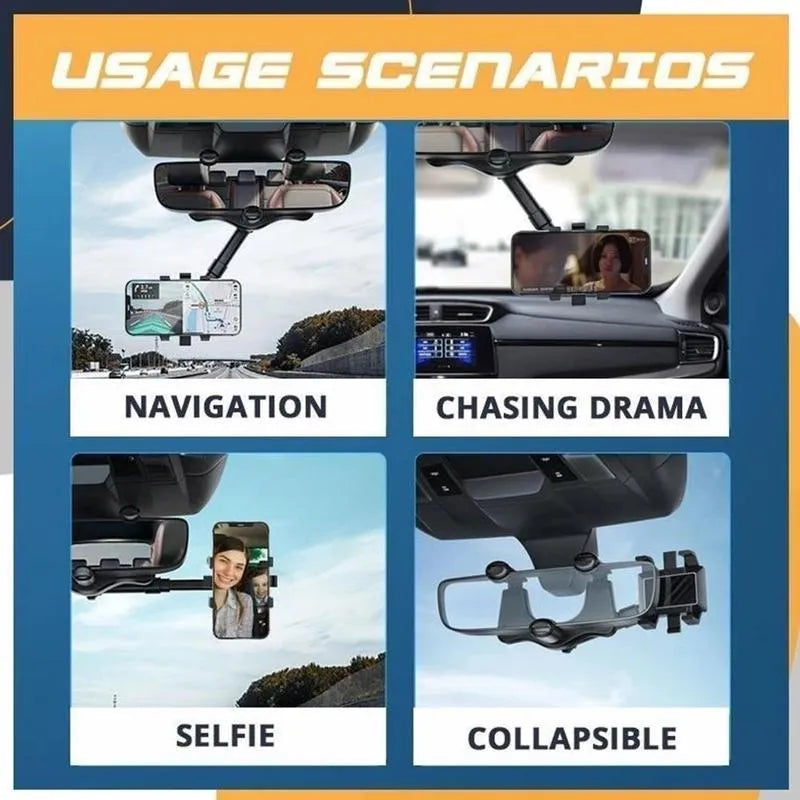 Black rearview mirror phone holder with rotating head and telescopic arm mounted on a car mirror.