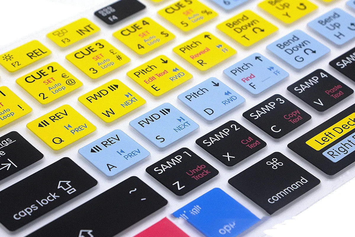 Silicone keyboard shortcut overlay film for MacBook Pro and Air, showing software hotkeys for music and video editing programs.