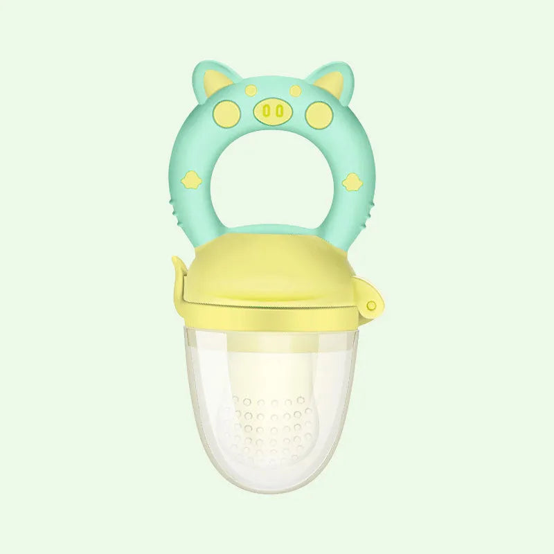 Silicone baby teether shown in blue, green, and pink colours with single and triple mouthpiece options