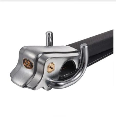 Black and silver car steering wheel lock with alloy body, copper cylinder, two keys, and three-way locking design.