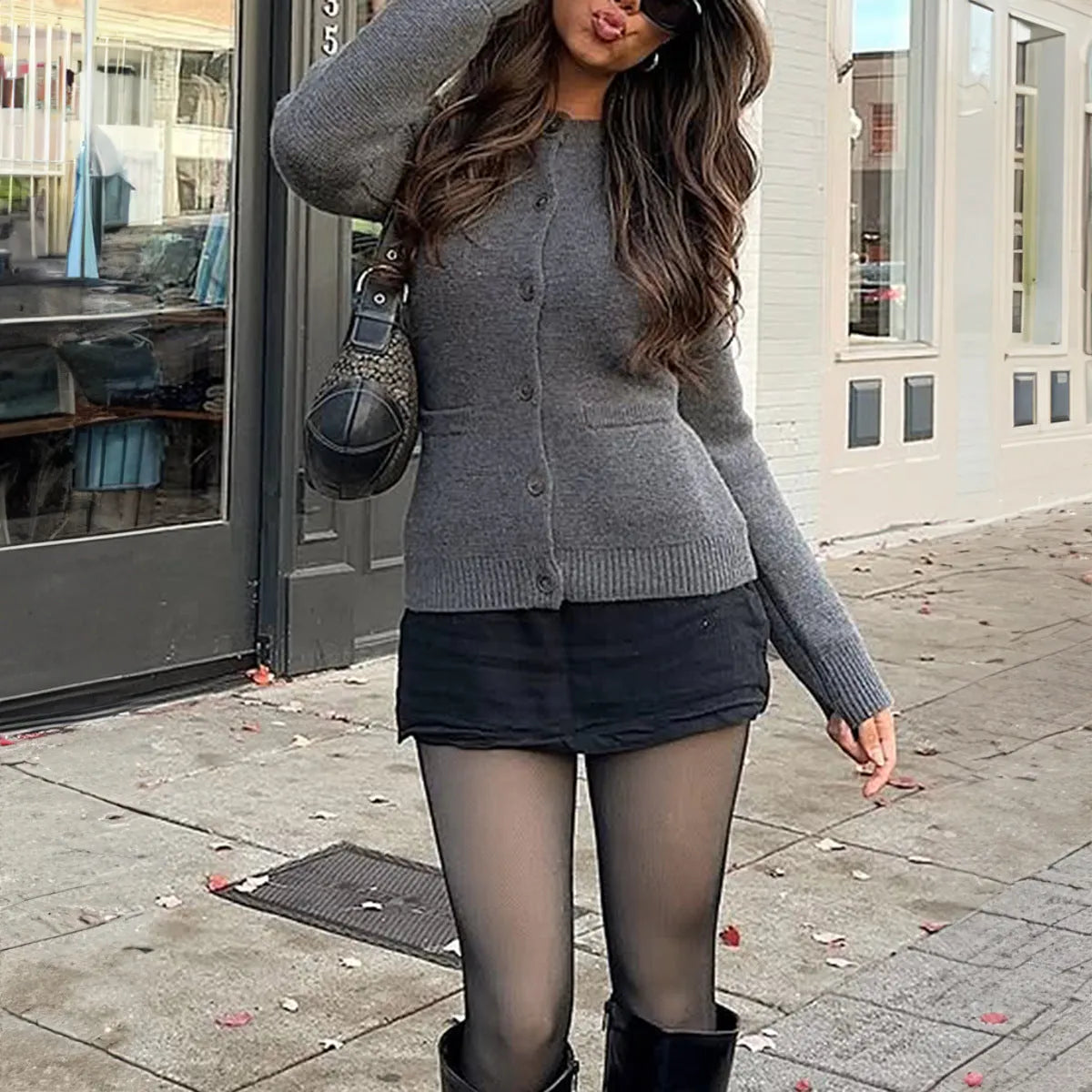 Women's grey button-up shirt top sweater with long sleeves and conventional sleeve, sizes S to XL