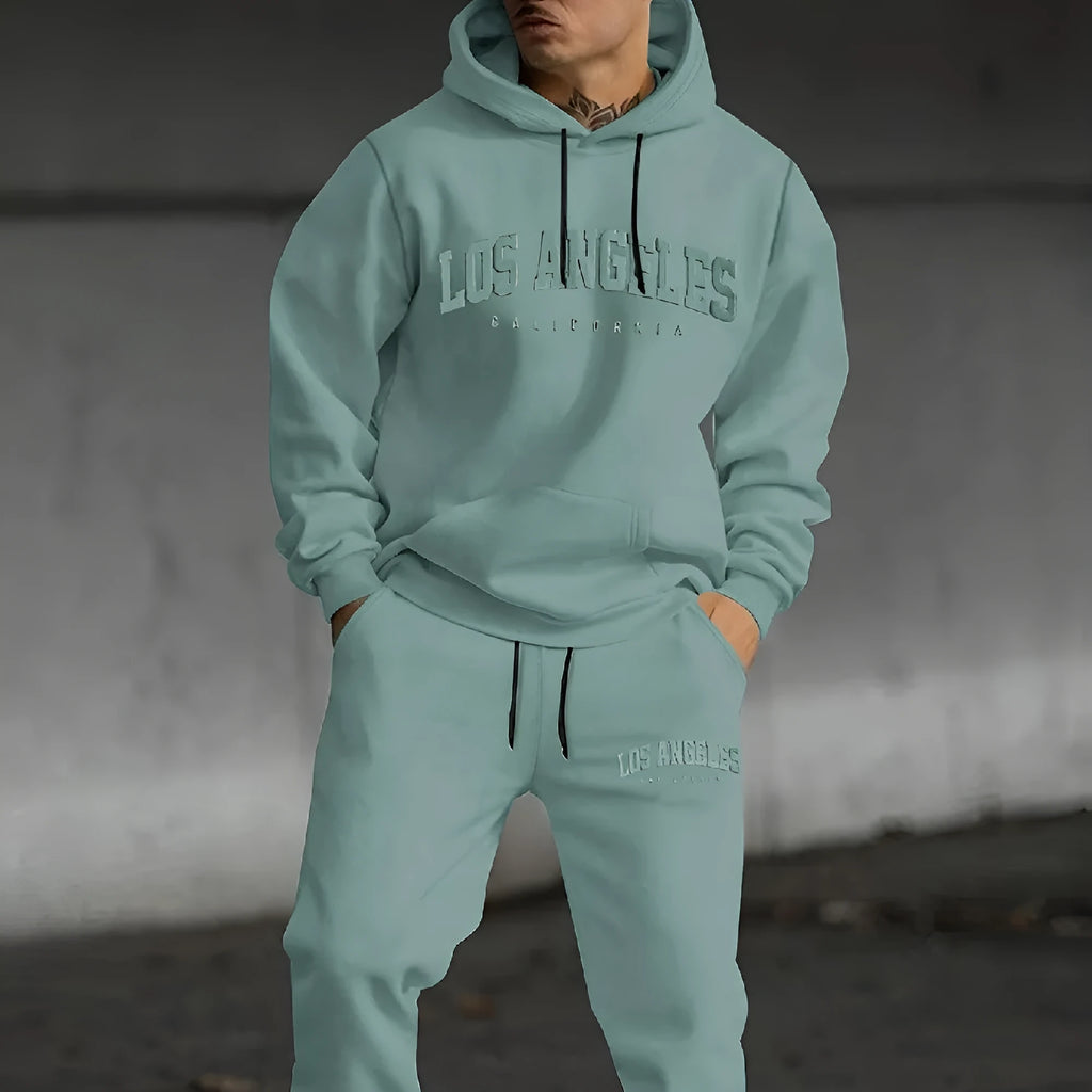 Letter printed men's casual sweater suit in black, showing top and trousers