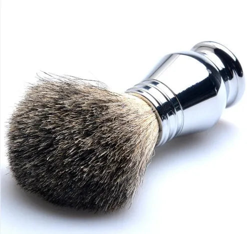 CSB men's shaving set with chrome stand holding a double-edge razor and badger hair brush, plus soap bowl and blades.