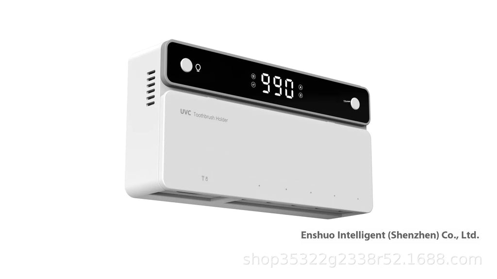 Black toothbrush sterilizer with UV disinfection and automatic drying, wall-mounted on tile with drill-free adhesive