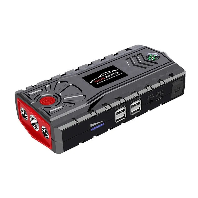 Portable automobile emergency jump starter power source with LED light in ABS toolbox-style casing.