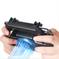 Black USB mobile game controller for smartphones with aluminium alloy trim and ergonomic grips.