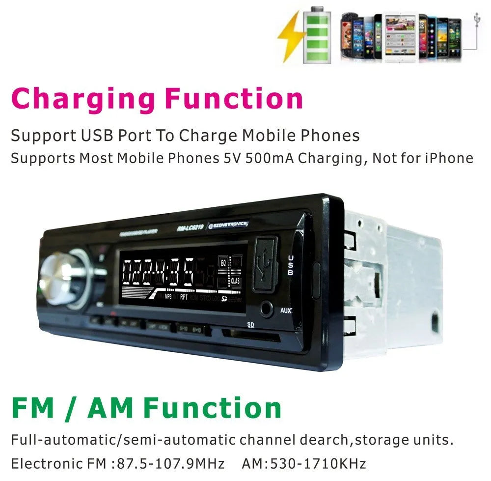 EZONETRONICS car stereo receiver with Bluetooth, USB port, SD slot, and aux input on front panel