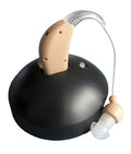 Rechargeable behind-the-ear digital hearing aid amplifier with mini plastic casing and detachable ear plugs.