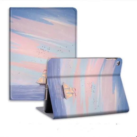 Silicone iPad cover with dreamy painting style sailing design in book style