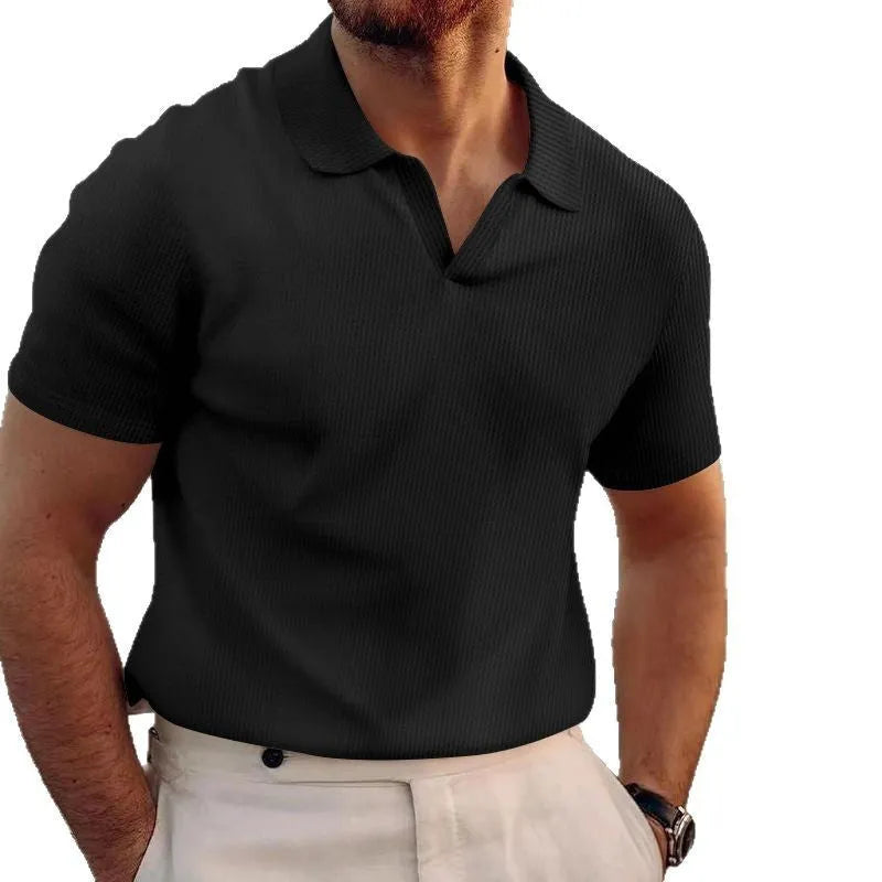Men's black waffle knit t-shirt with lapels and short sleeves in slim fit