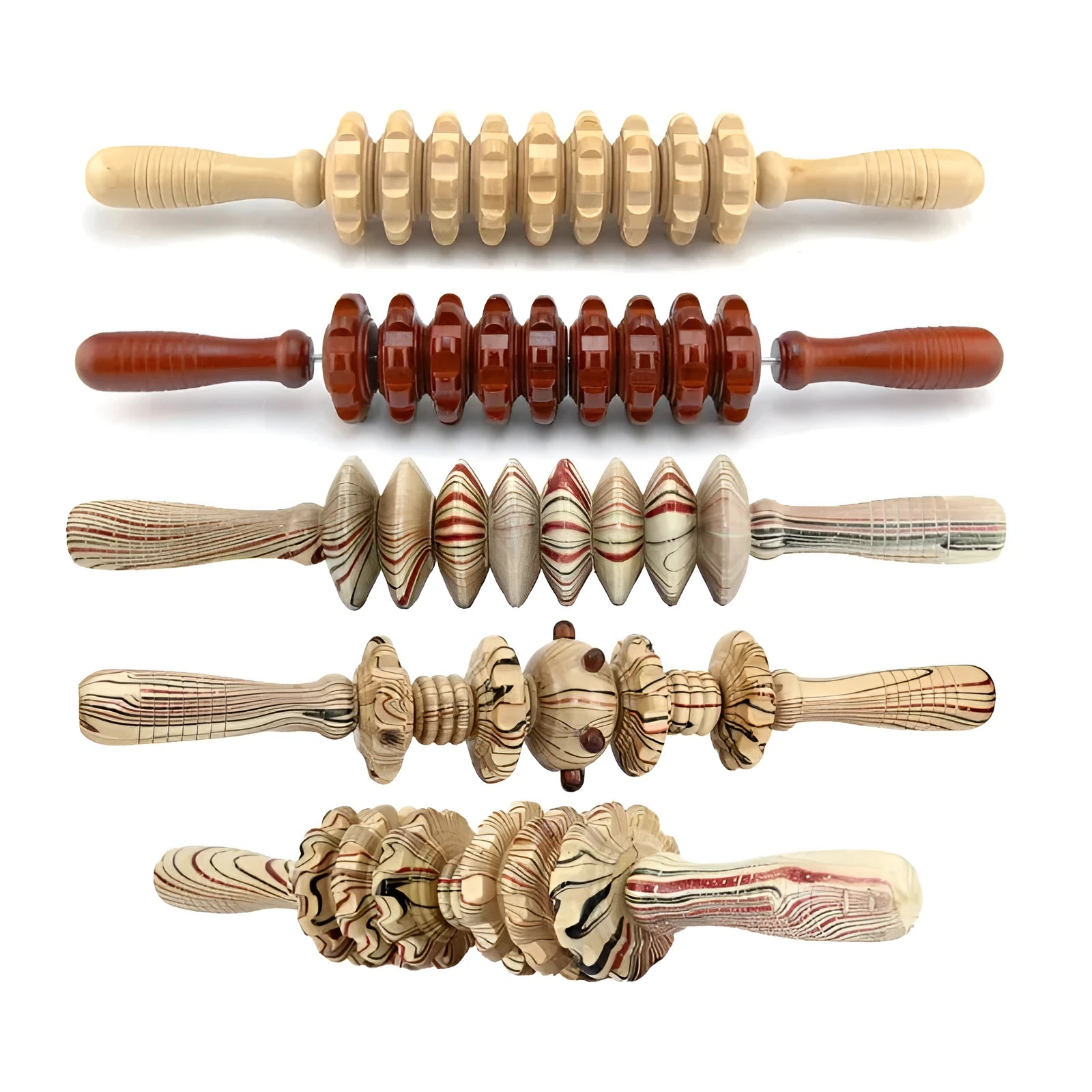 Natural wood massage stick roller approximately 38 cm long on a neutral background
