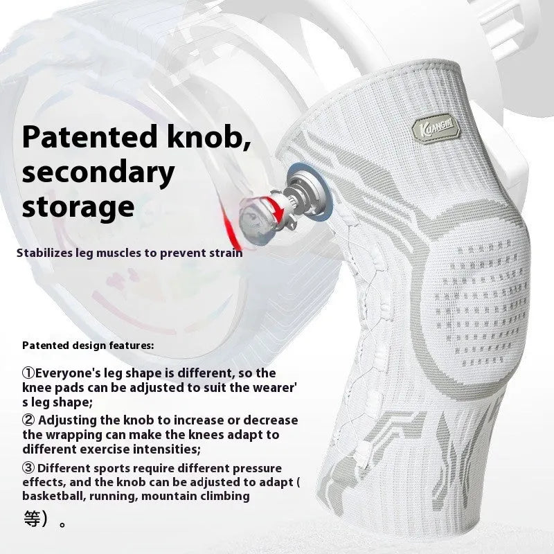 Grey and white adult sports knee pad for left or right foot, sizes M L XL available.