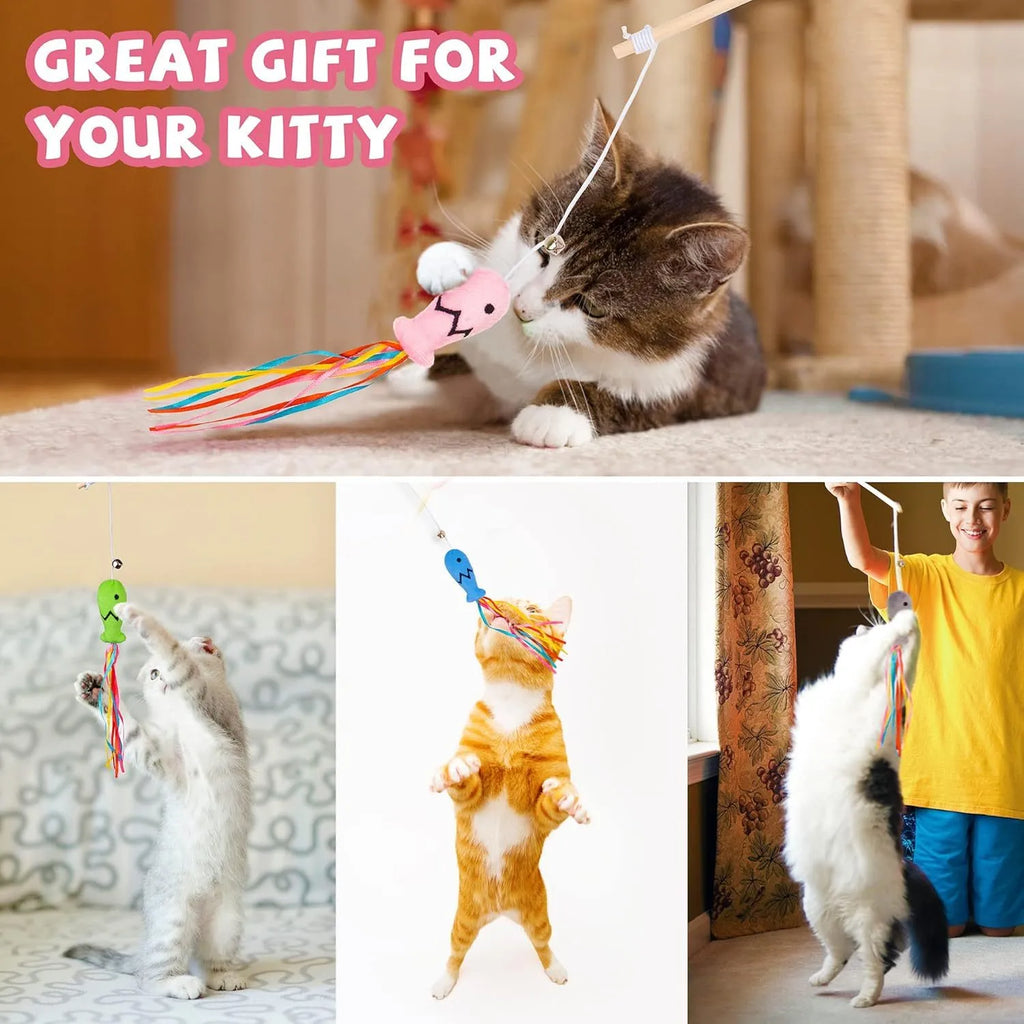 Blue cat wand toy with ribbons, catnip fish and bell on a wooden handle