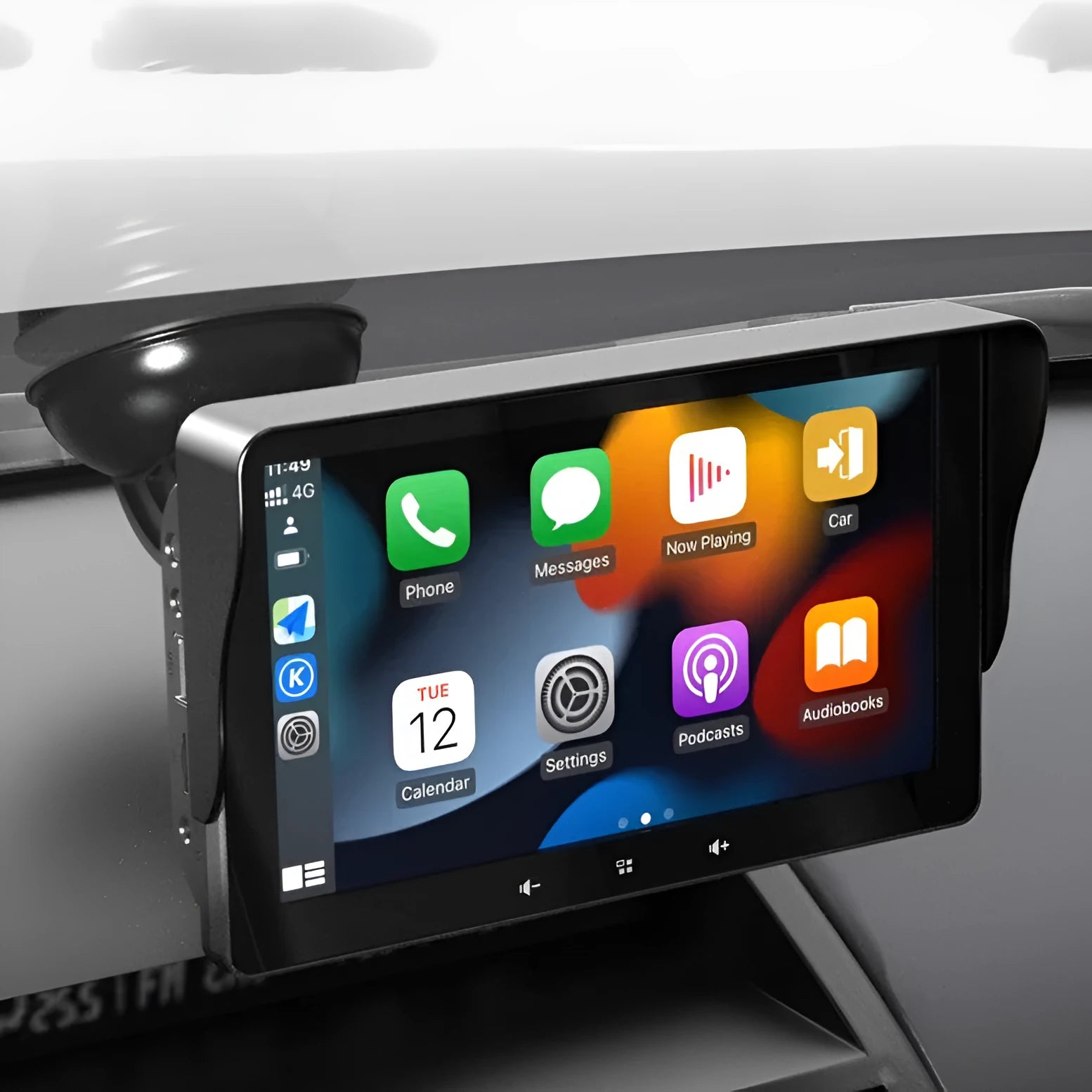 7-inch car wireless CarPlay display with suction cup mount and astern video cable on a dashboard