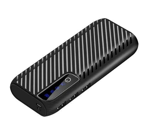 Black 20000mAh mini power bank showing dual USB output ports and compact size