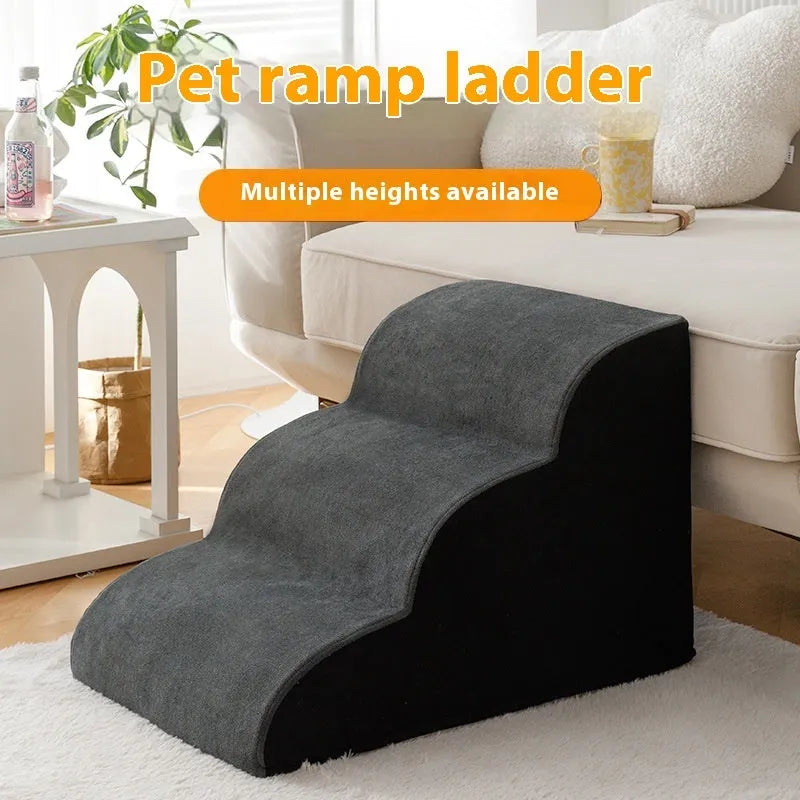 Brown wooden pet stairs with removable fabric steps helping a small dog reach a sofa