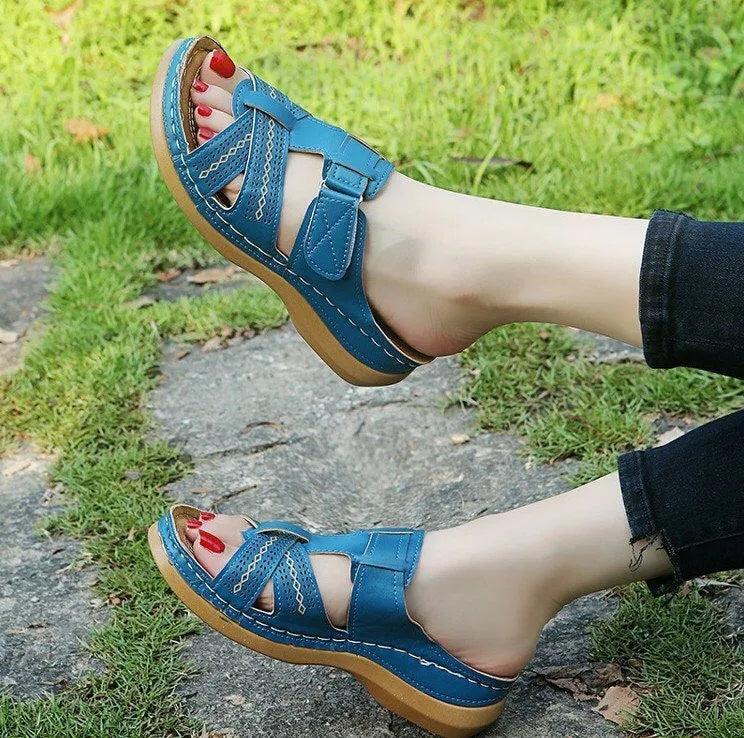 Women's wedge sandals with peep toe and Velcro closure in various colour options