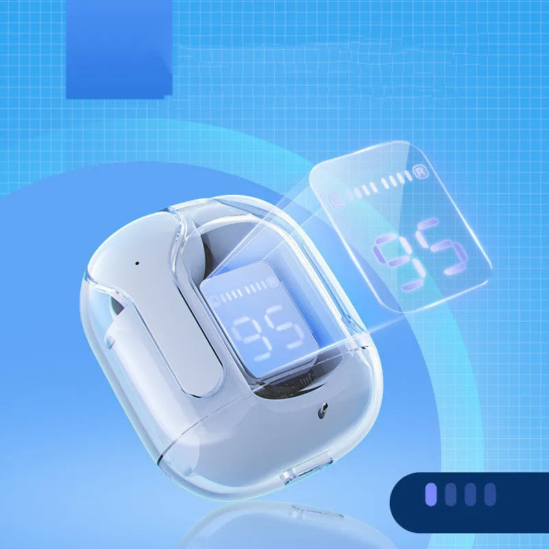 Mini wireless Bluetooth headset with LED power display, silicone case, earplugs, and USB-C charging cable on a grey background.