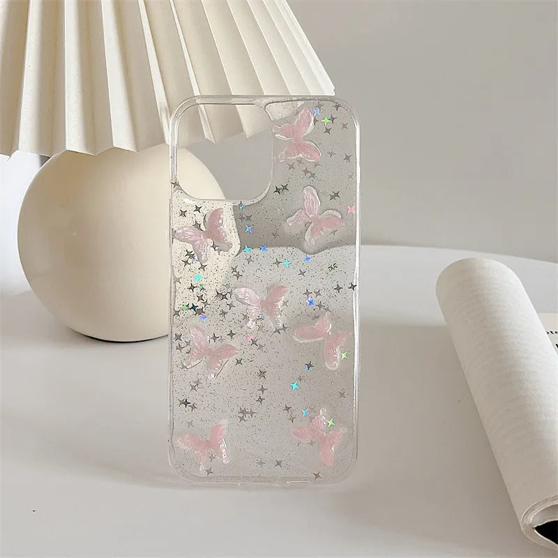 Transparent TPU iPhone 13 Pro Max case with three-dimensional dream pink butterfly back cover