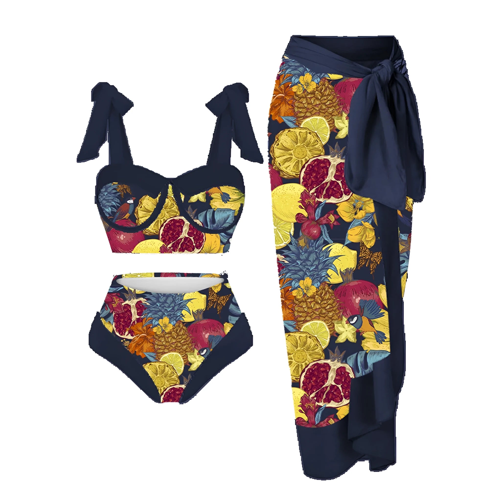 Women's printing split swimsuit three-piece set showing polyester fabric with high elasticity in floral pattern
