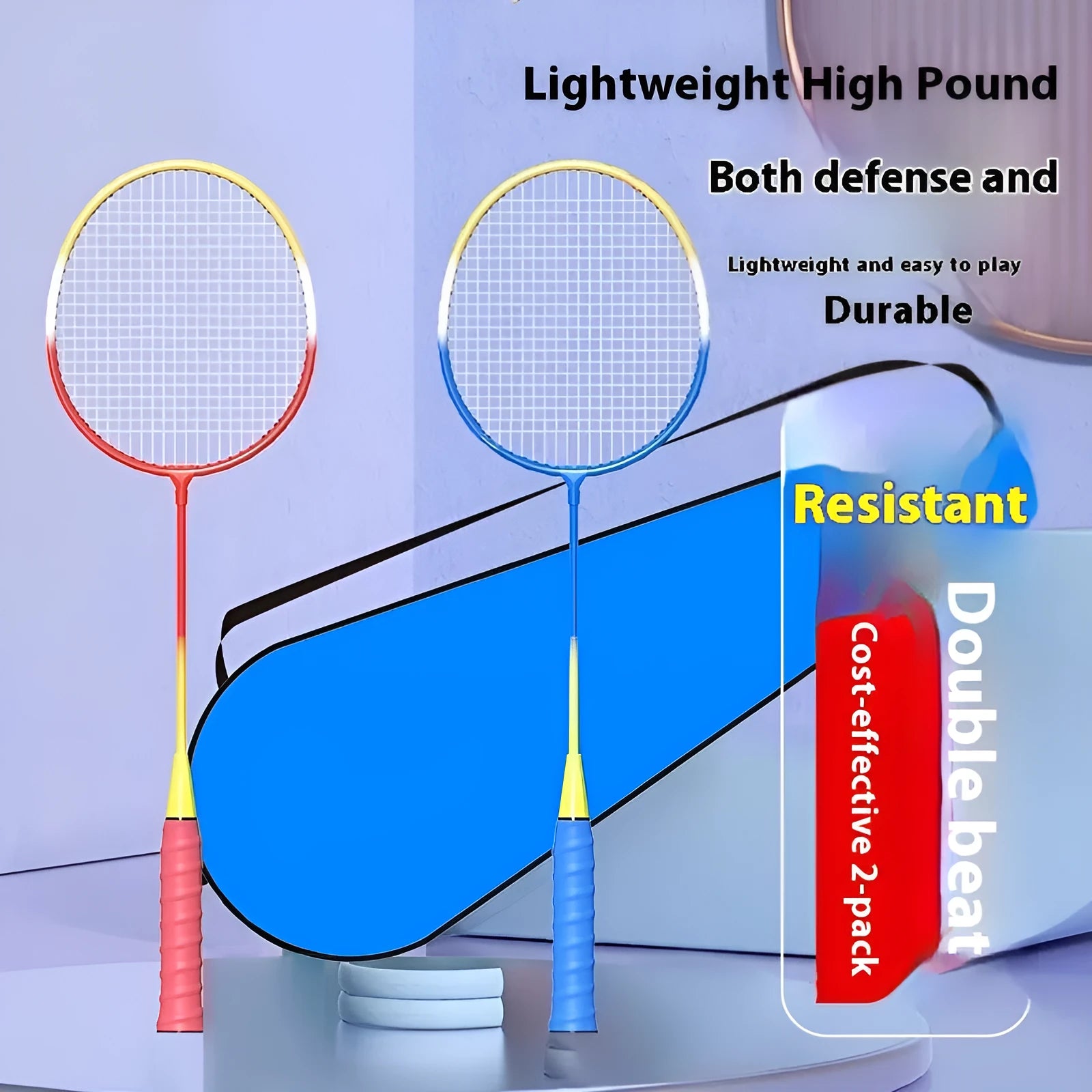 Pair of blue and red alloy badminton rackets from an ultra-light split set