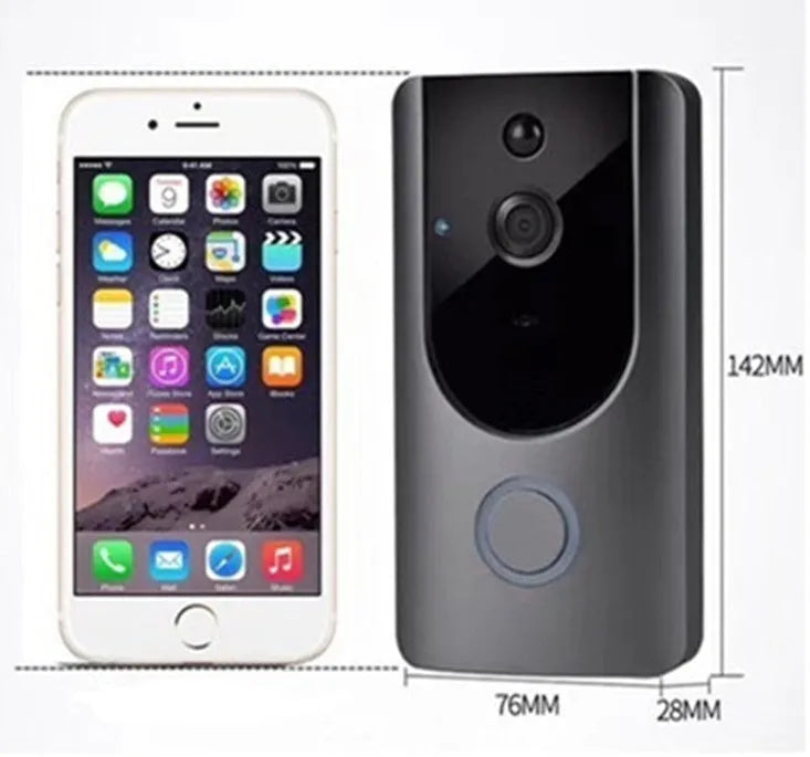 Smart WiFi video doorbell in grey or silver with 720P camera and 166° wide-angle lens for two-way intercom and PIR motion detection.