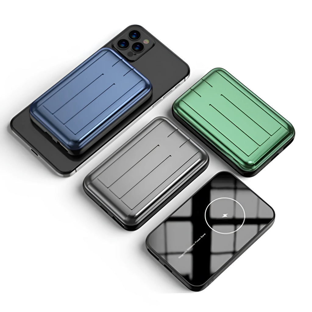 Blue magnetic wireless charging power bank showing dimensions and USB ports