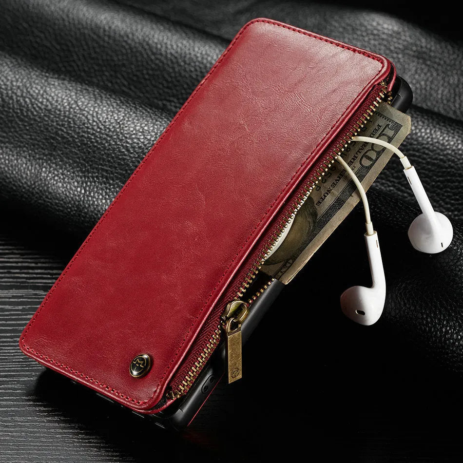 Black PU leather flip phone case open, showing Samsung Galaxy Note9 securely fitted inside.