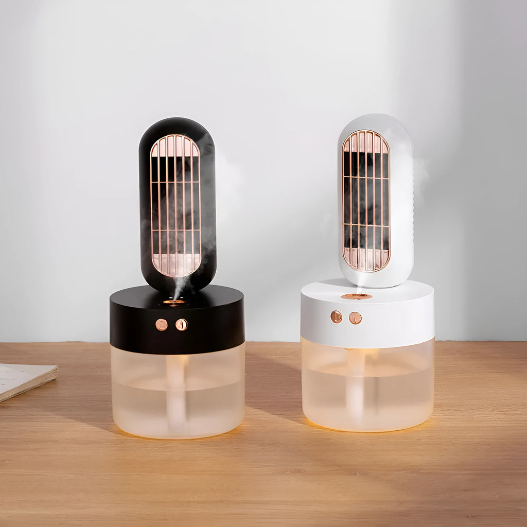 Small black and white humidifier fan with mechanical controls and oscillation function