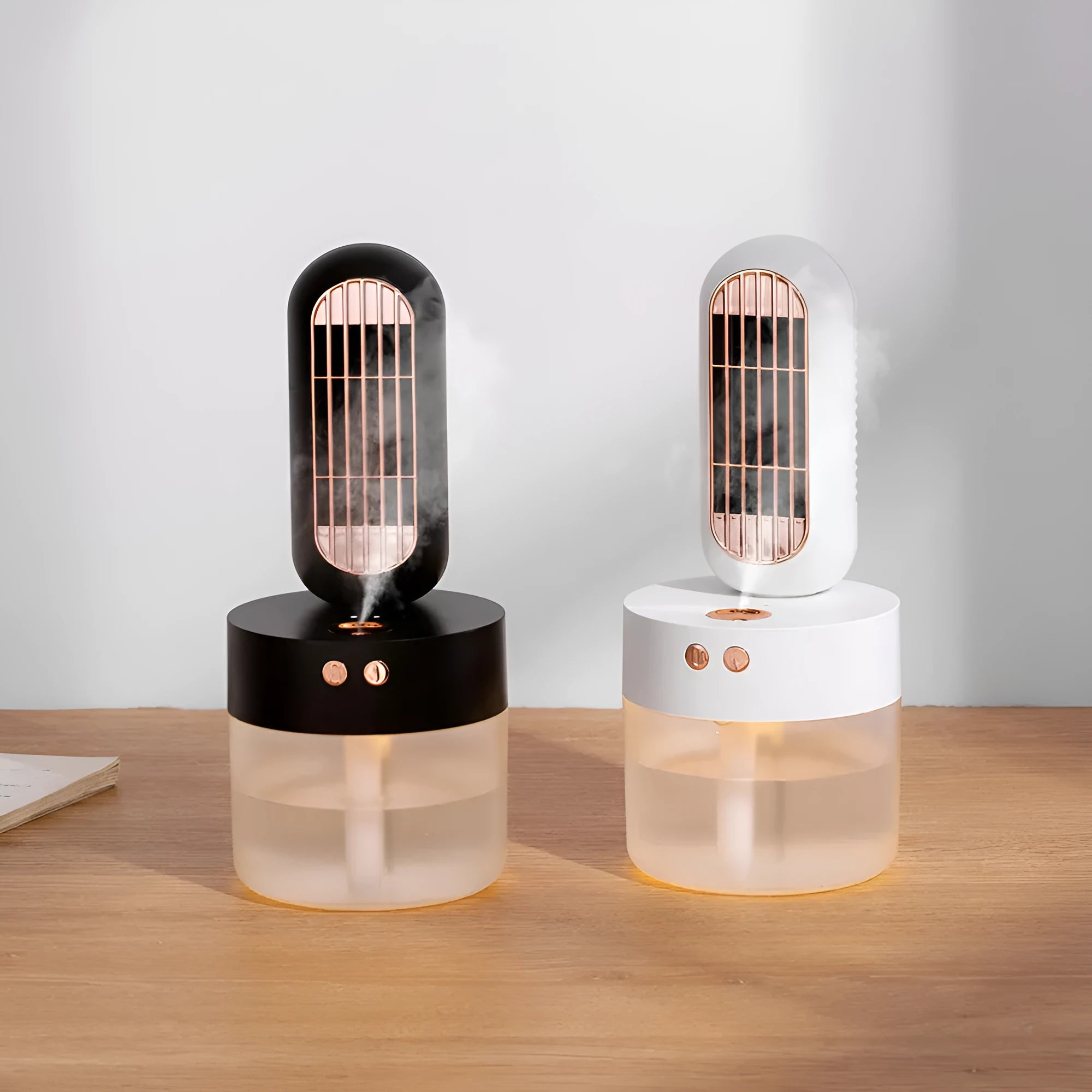 Small black and white humidifier fan with mechanical controls and oscillation function