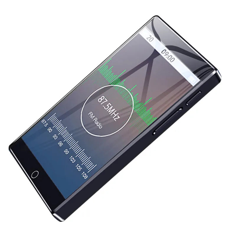 Black Ruizu H1 slim MP3 MP4 player with 4-inch touch screen showing media playback interface.
